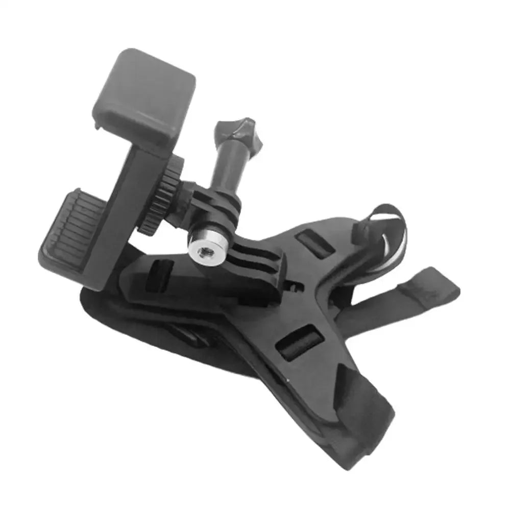 Side view of helmet chin mount with phone holder, designed for motorcycle riding and action recording.