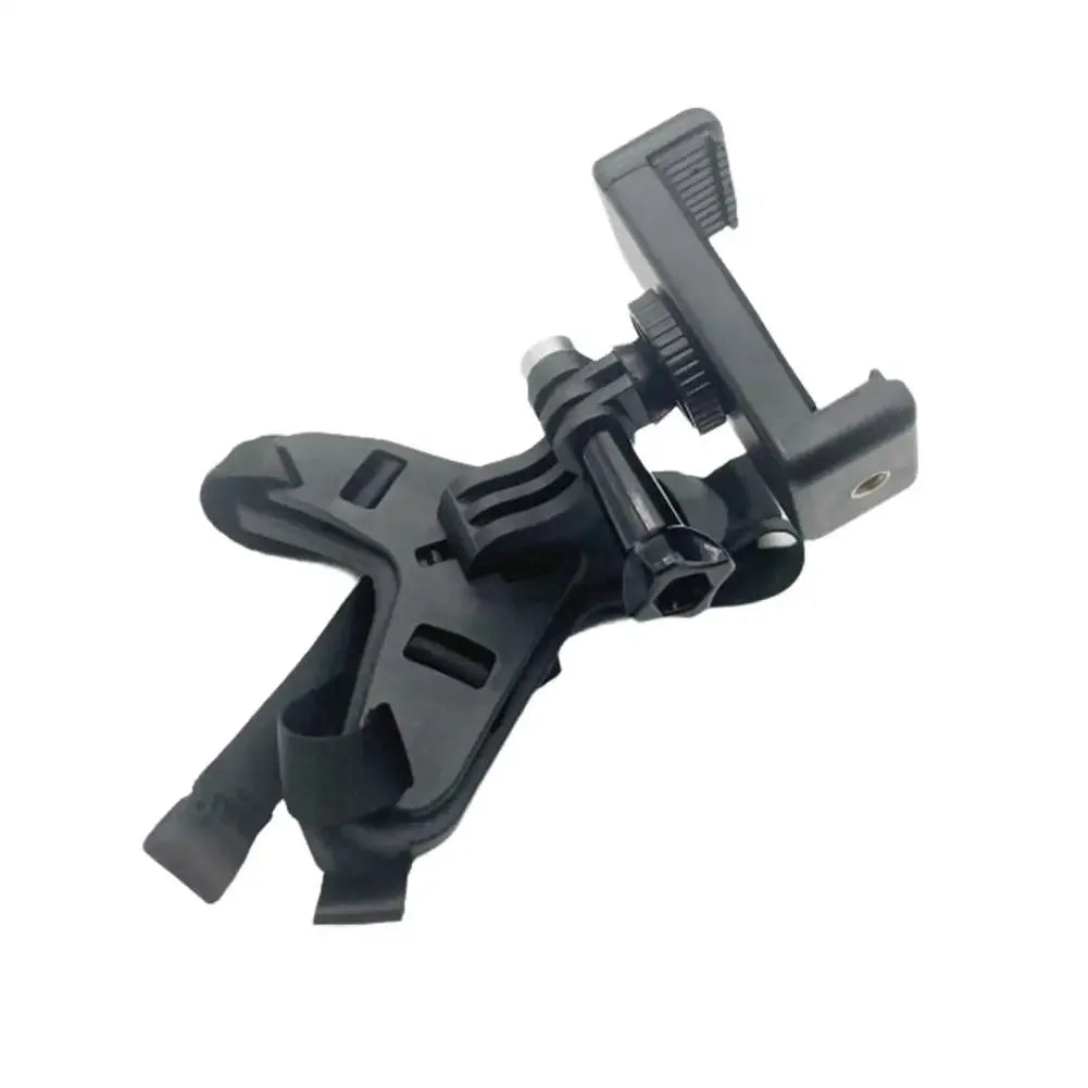 Black helmet chin mount with adjustable phone holder for motorcycle riding and sports camera use.