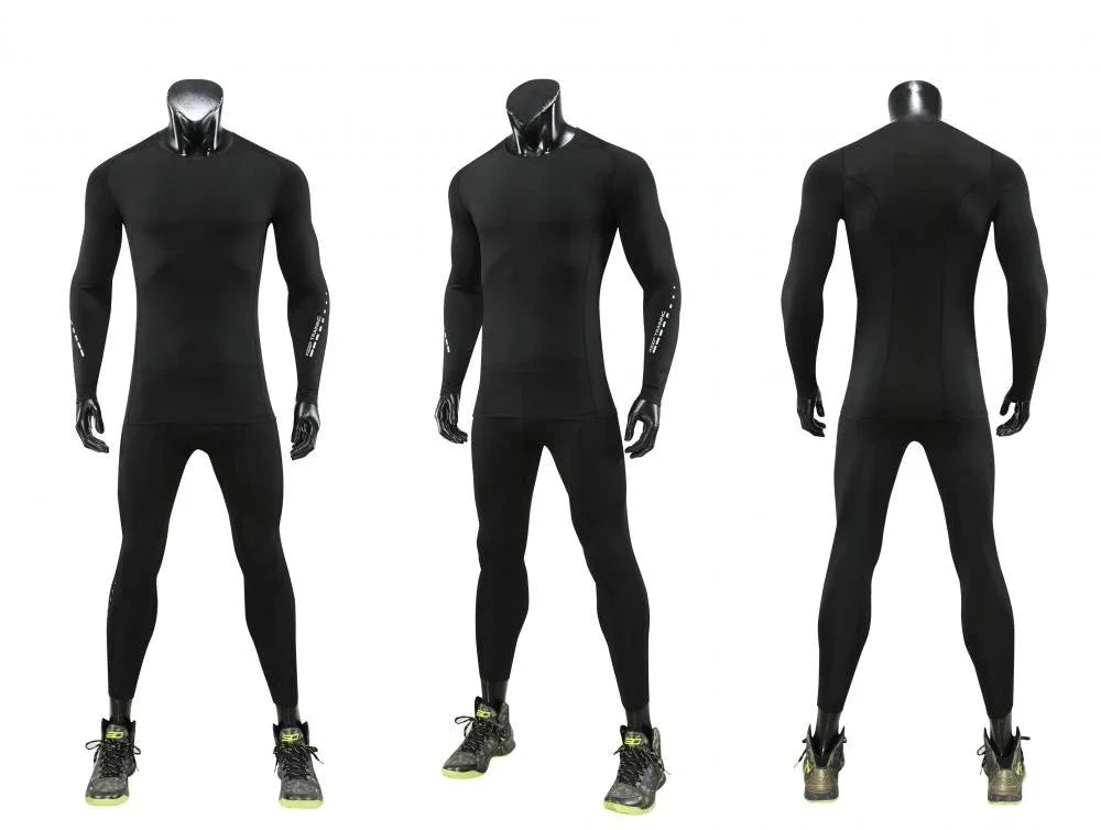 Black Men Bodybuilding Sportswear Clothes Fitness Suit with long-sleeve top and tights shown from multiple angles for gym wear.