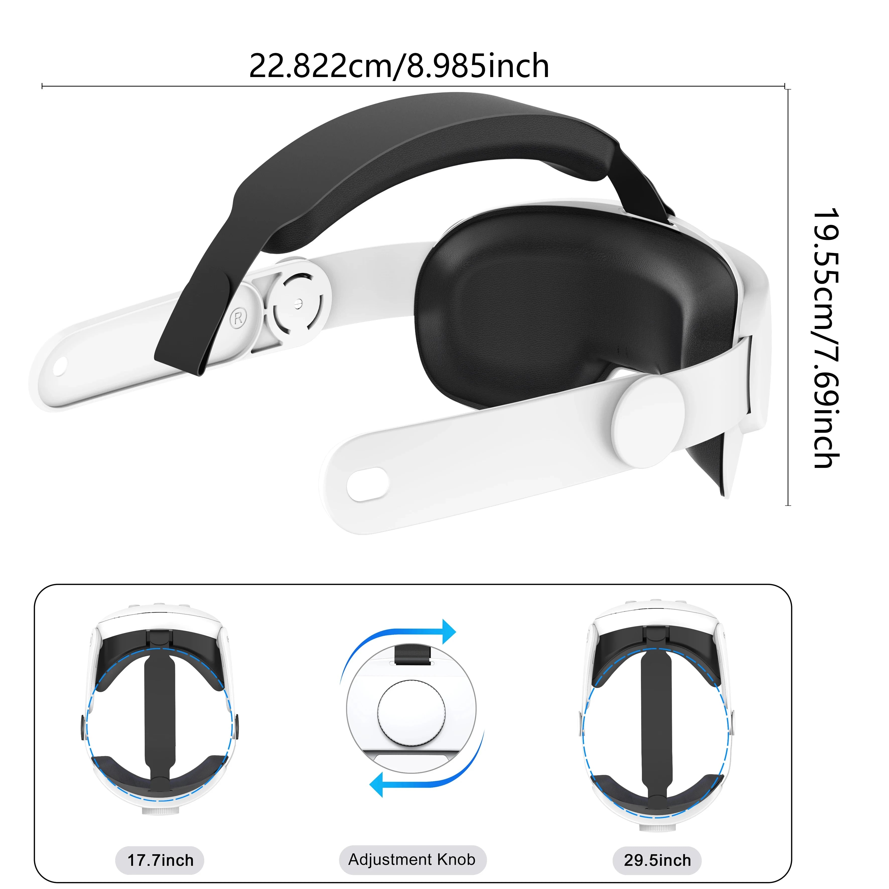 White VR head strap for Quest 2 with detailed dimensions and adjustable knob for personalized fit.