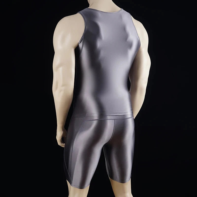 Men Thin Fitness vest Tights suit Slim Bottoms Satin Glossy Leggings Streetwear Athletic Shorts Quick-drying Compression Pants