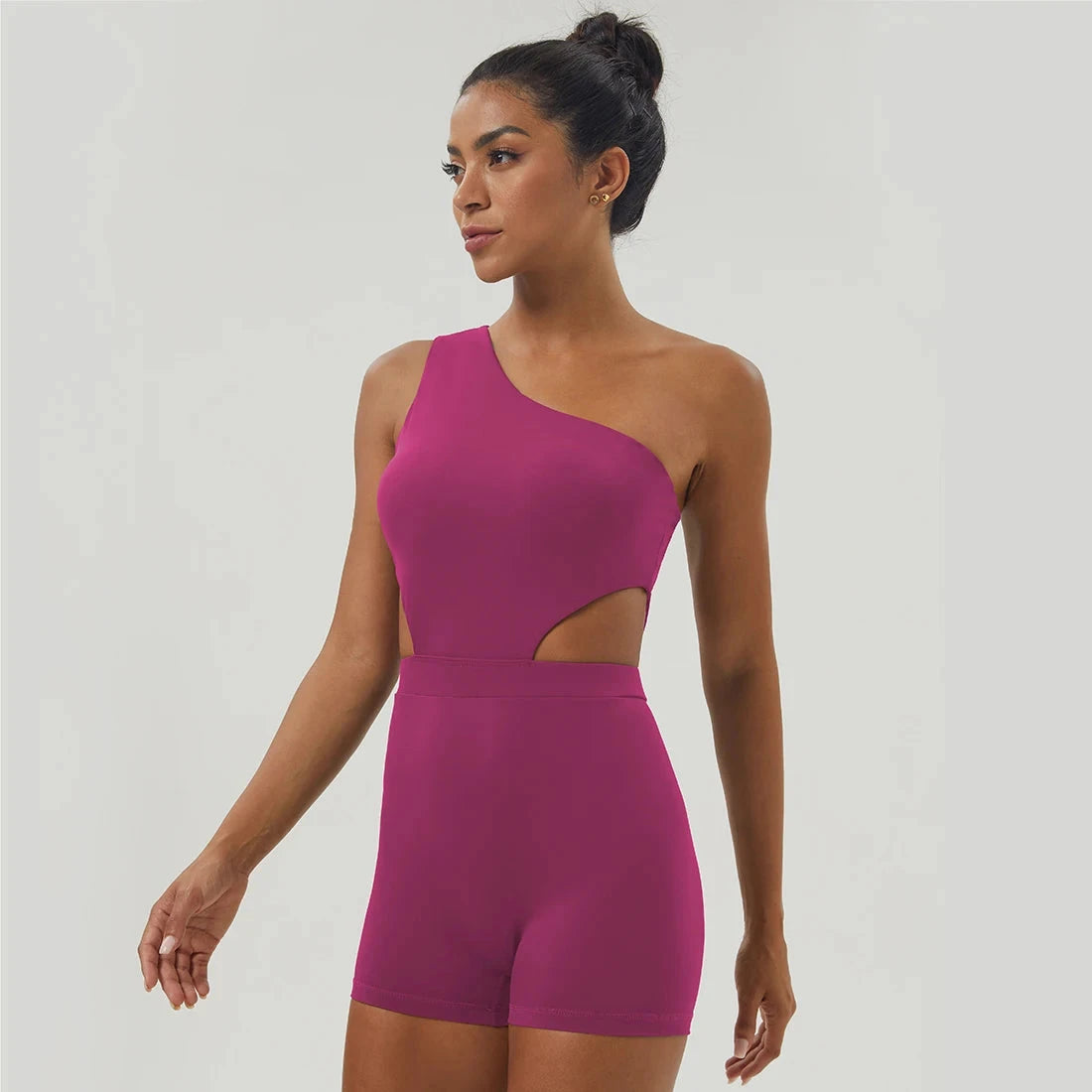 Rose red Women One-Shoulder Sport Bodyduit Jumpsuit featuring padded support and high-stretch fabric for yoga and gym workouts.