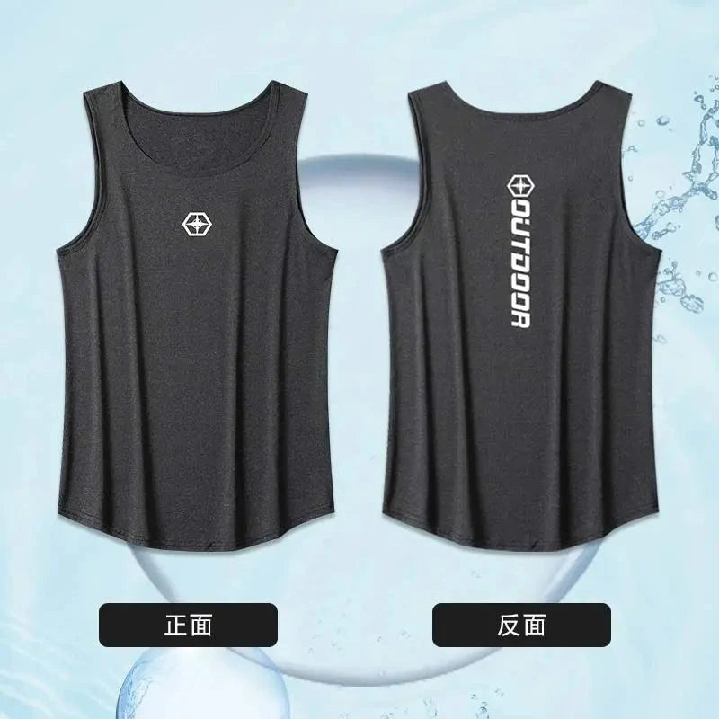 Front and back view of black vest from men's summer sport suit set, designed for quick drying and breathable athletic performance.