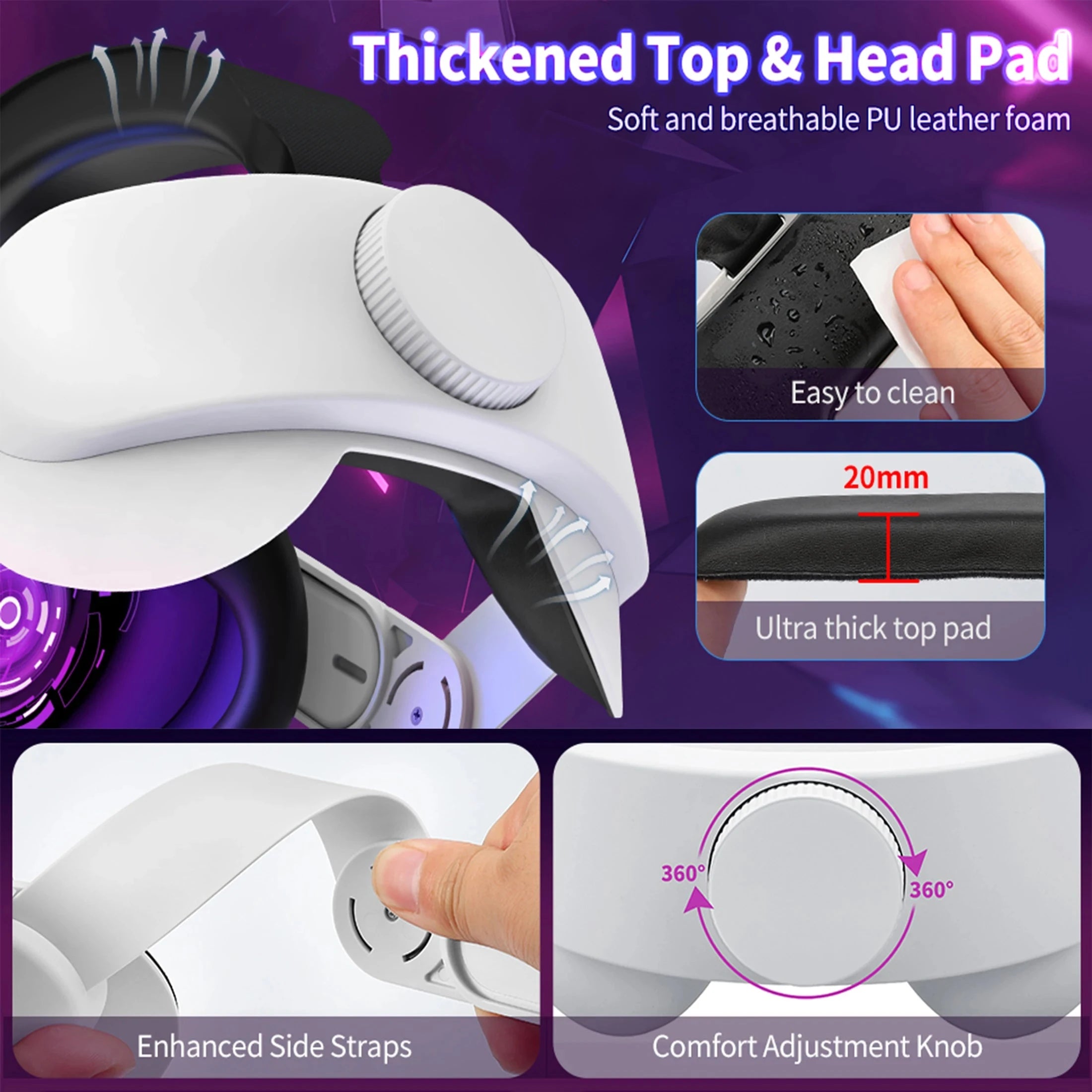 Quest 2 head strap with thickened PU leather padding and 360° comfort adjustment knob for superior support and breathability.