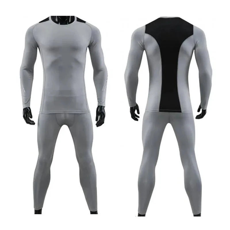 Grey Men Bodybuilding Sportswear Clothes Fitness Suit with black back panel shown from front and rear for full-body view.