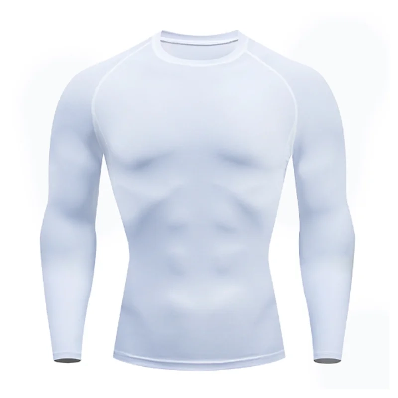White long-sleeve compression shirt from Men's Sports Suit Running fitne male Quick drying Sportswear Compression Clothing Fitness Training kit.