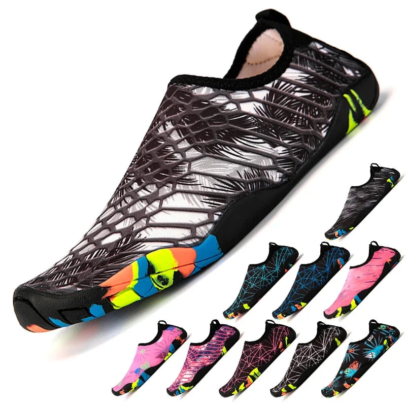 Unisex lightweight quick-drying aqua shoes in various colors, perfect for beach, fishing, and gym activities.