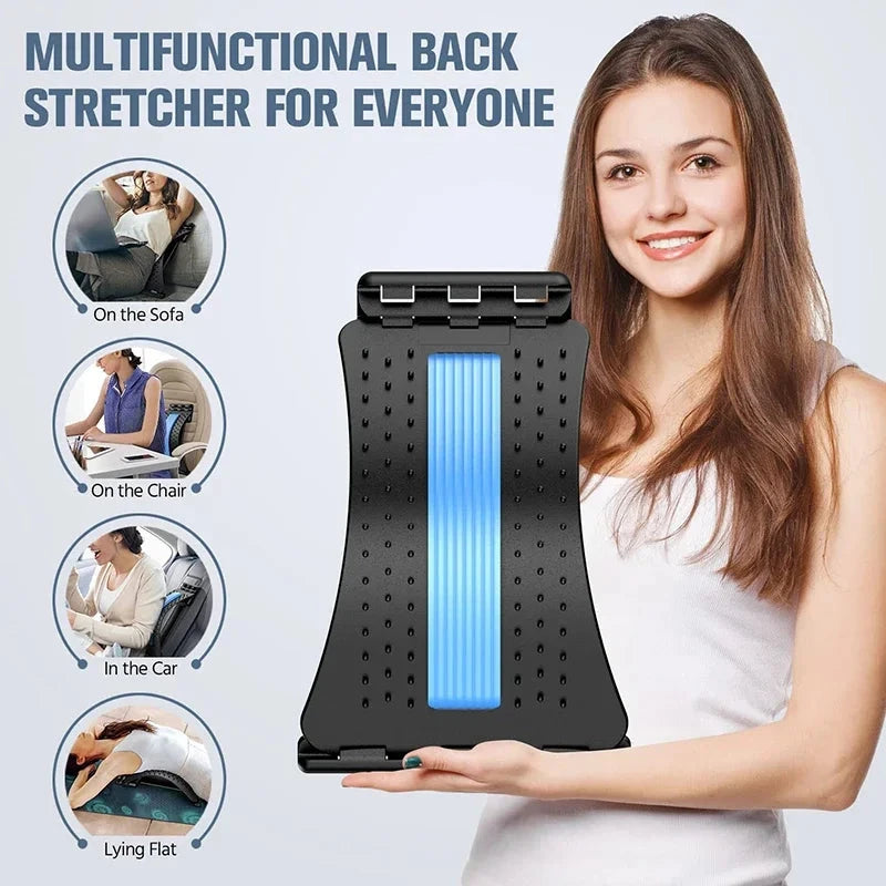 Multifunctional Four Level Adjustable Massager with Back Stretcher Waist Neck Support shown with usage options for sofa, chair, car, and lying flat.