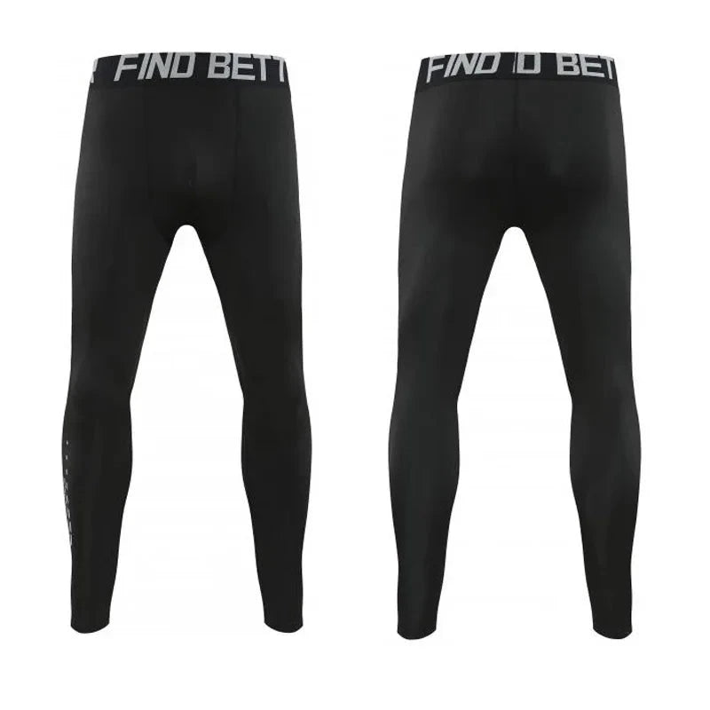 Back and front views of black compression pants from Men Bodybuilding Sportswear Clothes Fitness Suit with 'FIND BETTER' waistband.