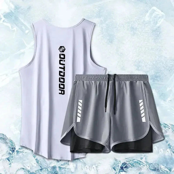 Sport suits men summer thin quick drying vest and gray shorts set with mesh ventilation, ideal for fitness and running activities.