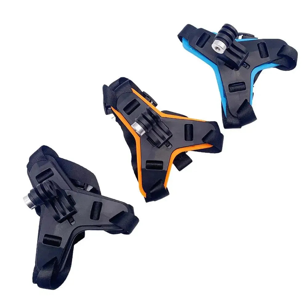 Three color variants of motorcycle helmet chin mounts in black, orange, and blue for mobile and camera use.