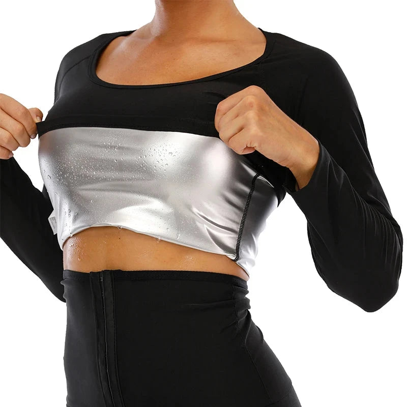 Sweat-visible silver inner layer of sauna suit top, highlighting thermal effect for enhanced calorie burn during workouts.