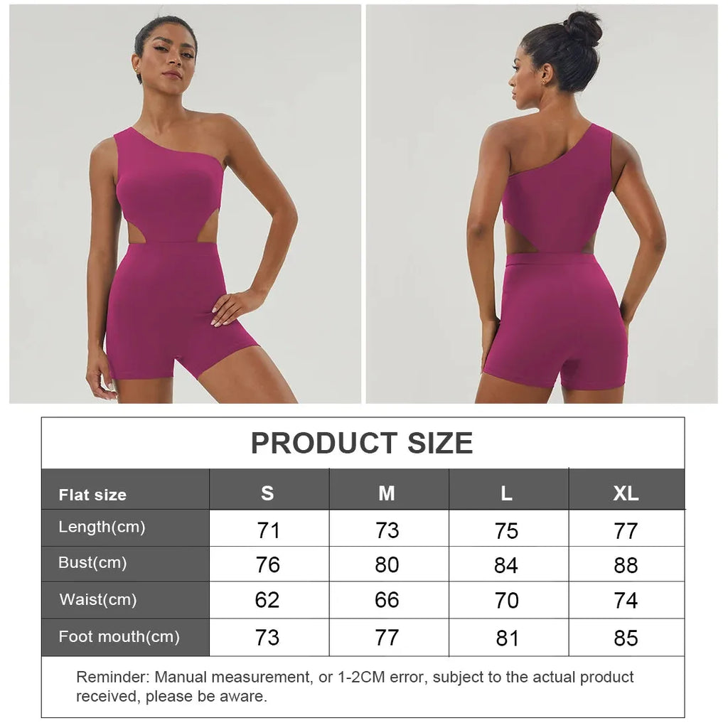 Size chart for Women One-Shoulder Sport Bodyduit Jumpsuit in rose red, showing measurements for S to XL in cm.
