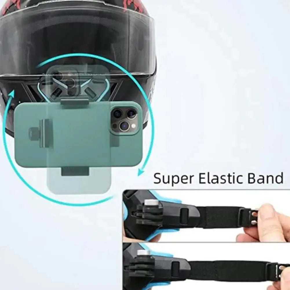 Super elastic band feature of helmet phone holder for secure and adjustable fit on motorcycle helmets.
