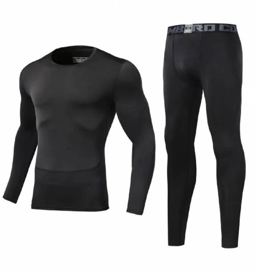 Black Men Bodybuilding Sportswear Clothes Fitness Suit with compression fit and 'COMBAT' waistband for athletic performance.