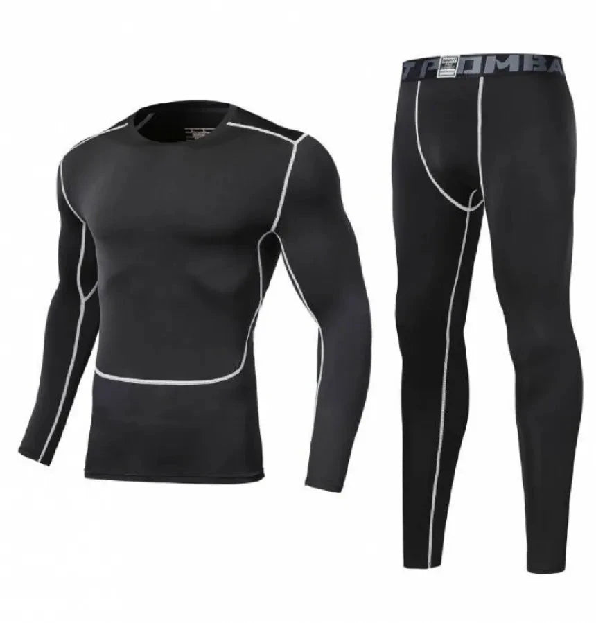 Black Men Bodybuilding Sportswear Clothes Fitness Suit with white stitching and 'COMBAT' waistband for running and training.
