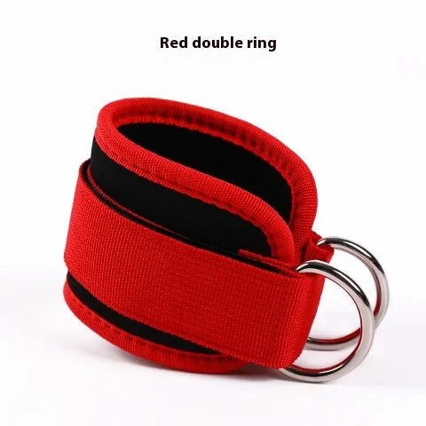 Red double ring ankle strap for fitness and strength training. Perfect for leg muscle workouts using resistance bands or cable machines.