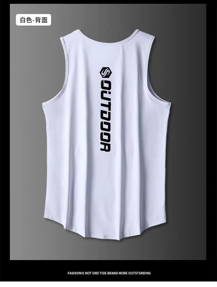 Back view of white vest from men's summer quick drying sport suit set with bold 'OUTDOOR' print, ideal for running and workouts.