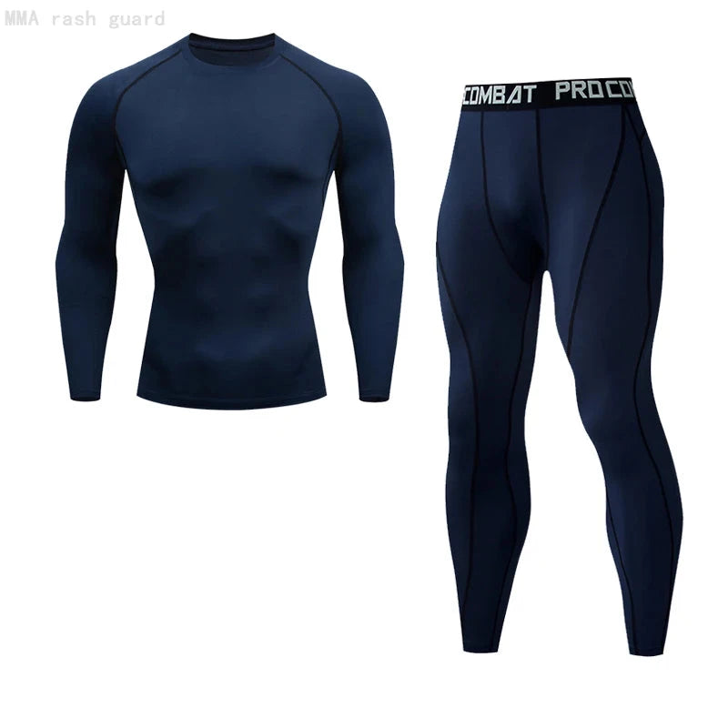 Navy blue men's compression workout set with long-sleeve top and tights, ideal for gym, running, or yoga training.