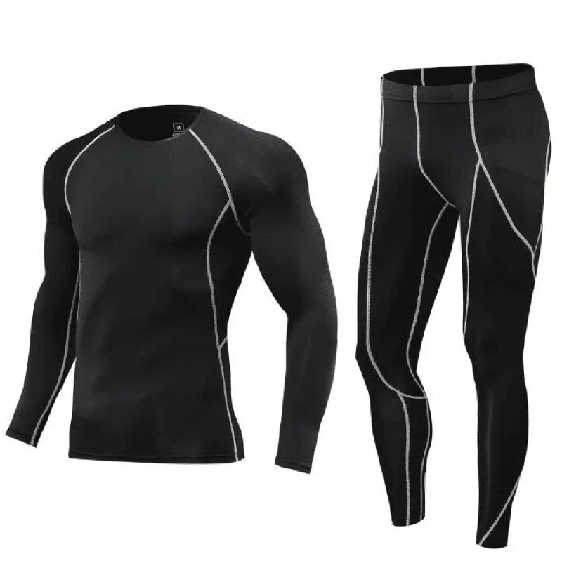 Black Men Bodybuilding Sportswear Clothes Fitness Suit with white contrast stitching, ideal for compression and muscle support.