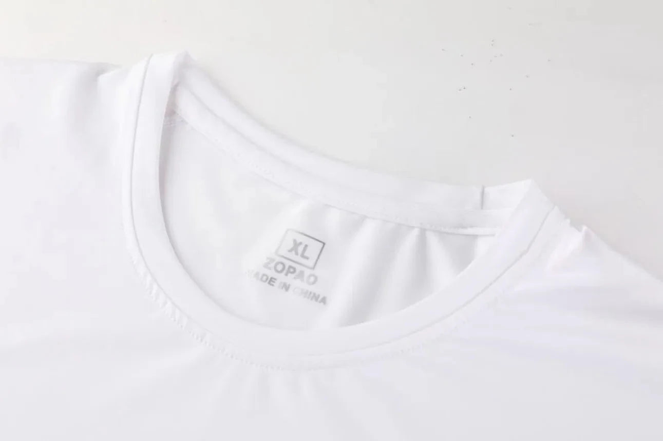 Close-up of neckline on white Men Bodybuilding Sportswear Clothes Fitness Suit showing size label and fabric texture.