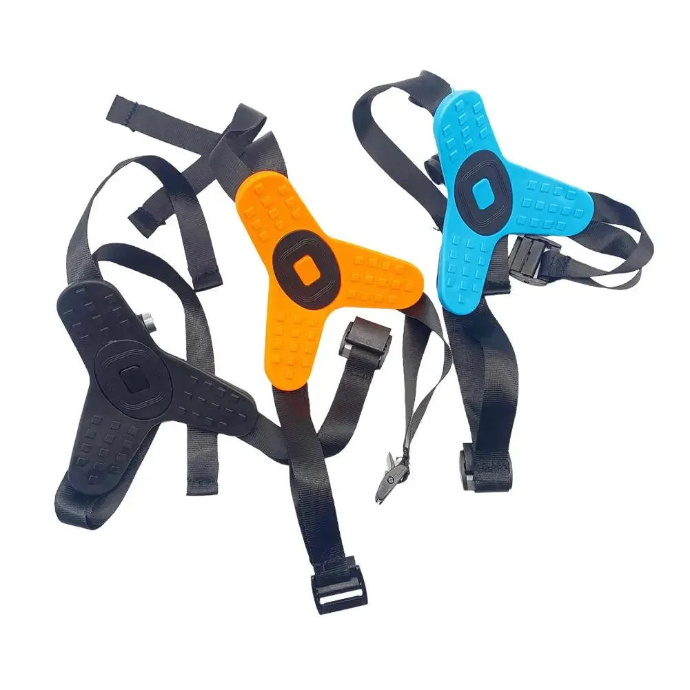 Back view of three helmet chin mounts in black, orange, and blue with adjustable straps for secure fit.