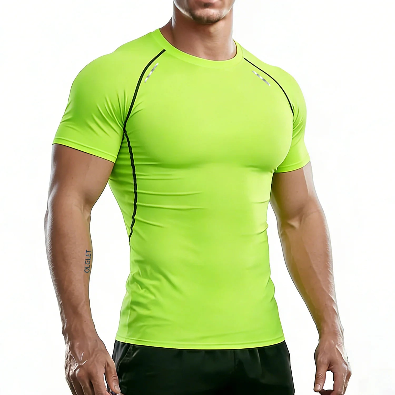 Men's Reflective Stripe Quick Dry Compression T-Shirt - Elastic Athletic Workout Top for Running, Gym, Fitness