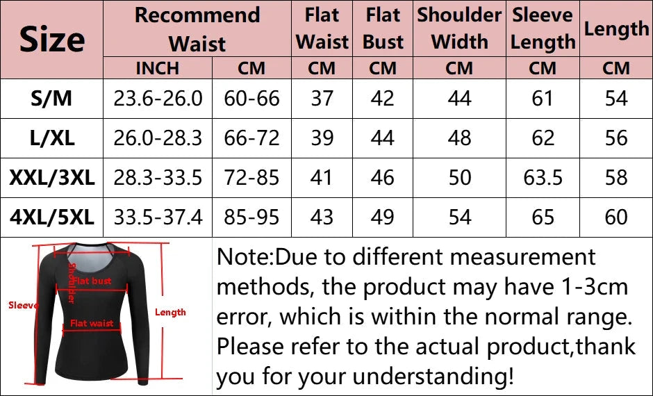 Detailed sizing guide for female sauna suit activewear, including waist, bust, shoulder, sleeve, and length dimensions.