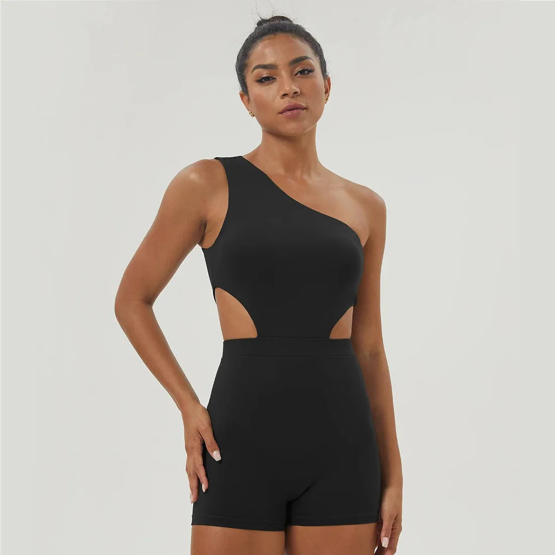 Black Women One-Shoulder Sport Bodyduit Elastic Padded Fitness Gym Yoga Jumpsuit with side cutouts and body-hugging fit.
