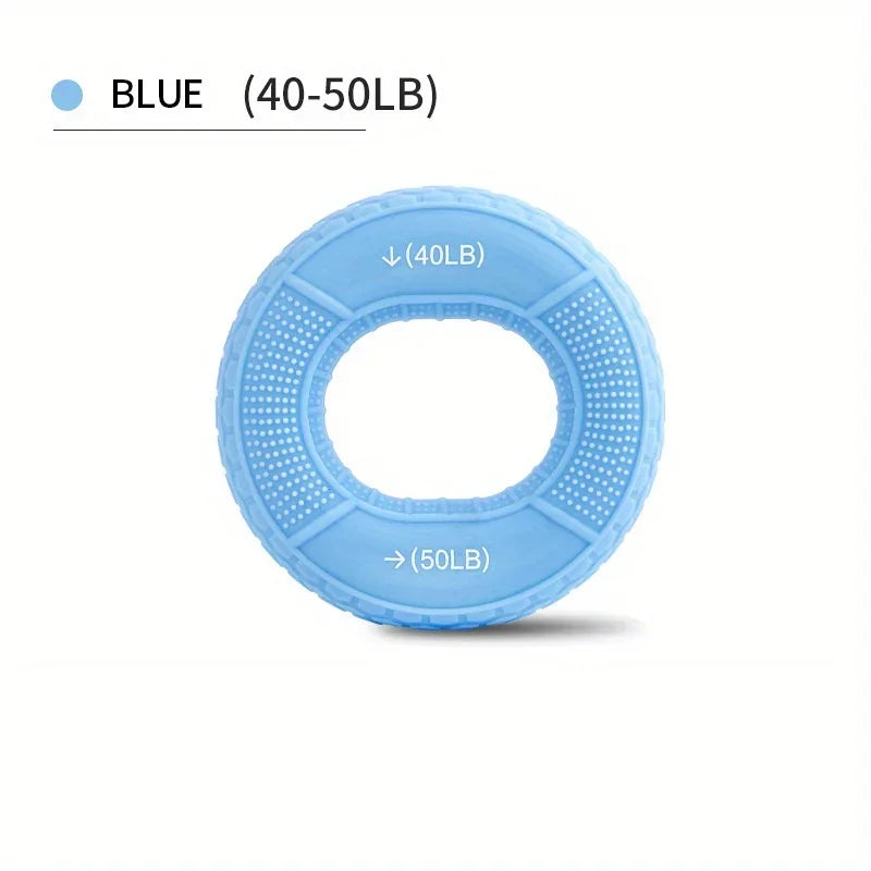 Light blue hand gripper with labeled weight capacity on a white background