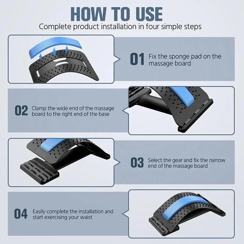 Installation guide for Four Level Adjustable Massager with Back Stretcher Waist Neck Support showing four easy setup steps.
