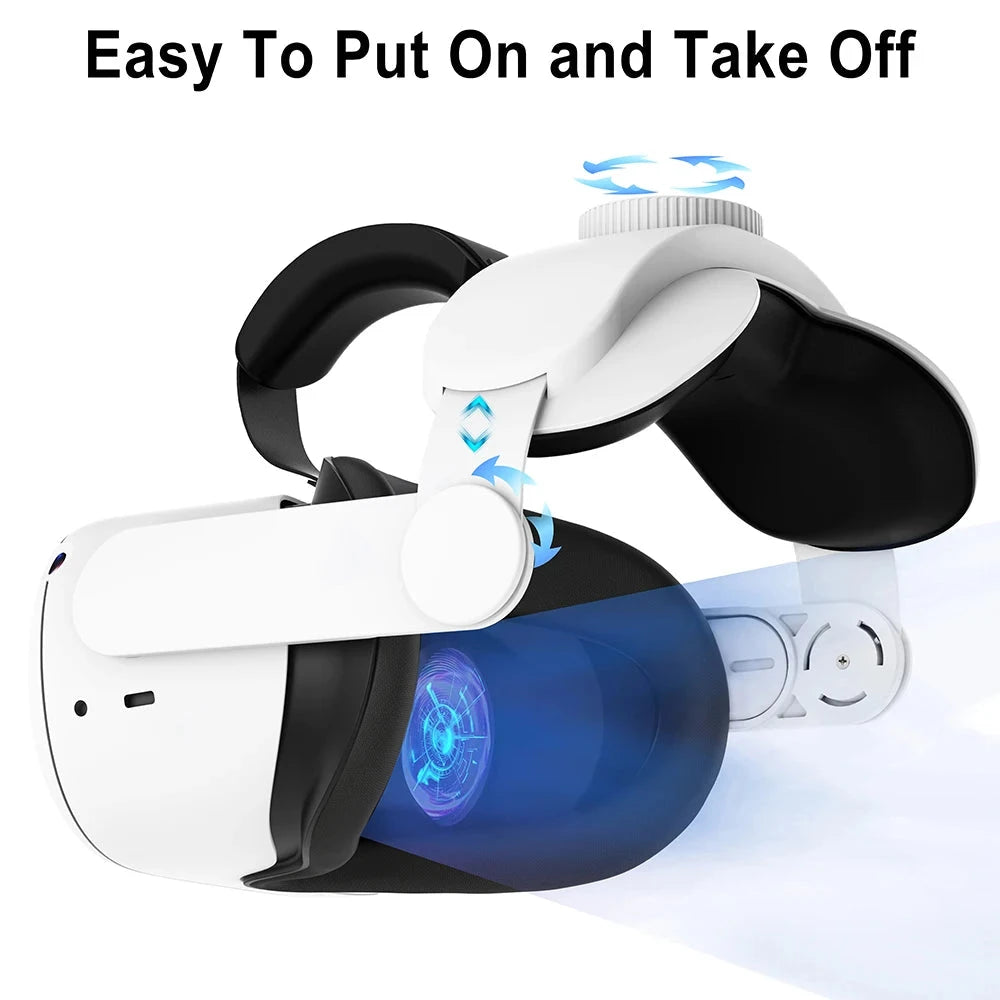 Quest 2 head strap with easy on/off design and adjustable dial for quick and secure VR headset fitting.