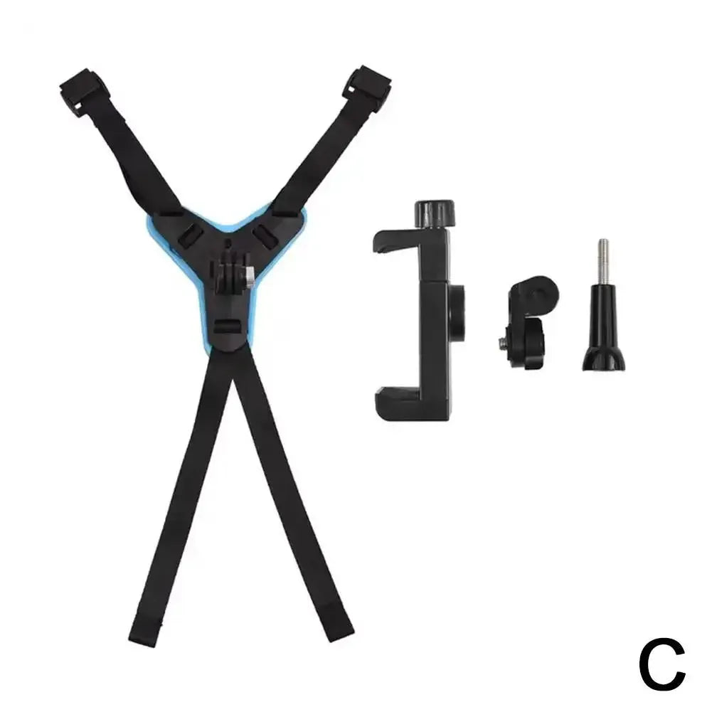 Helmet chin mount kit C in blue with phone holder and mounting accessories for motorcycle helmets.