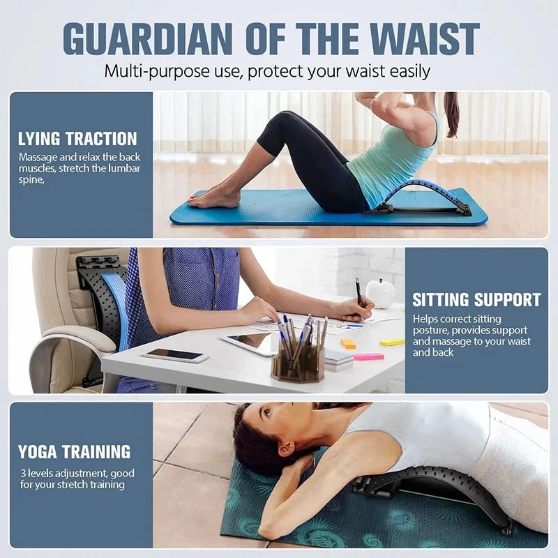 Four Level Adjustable Massager with Back Stretcher Waist Neck Support used for lying traction, sitting support, and yoga training.