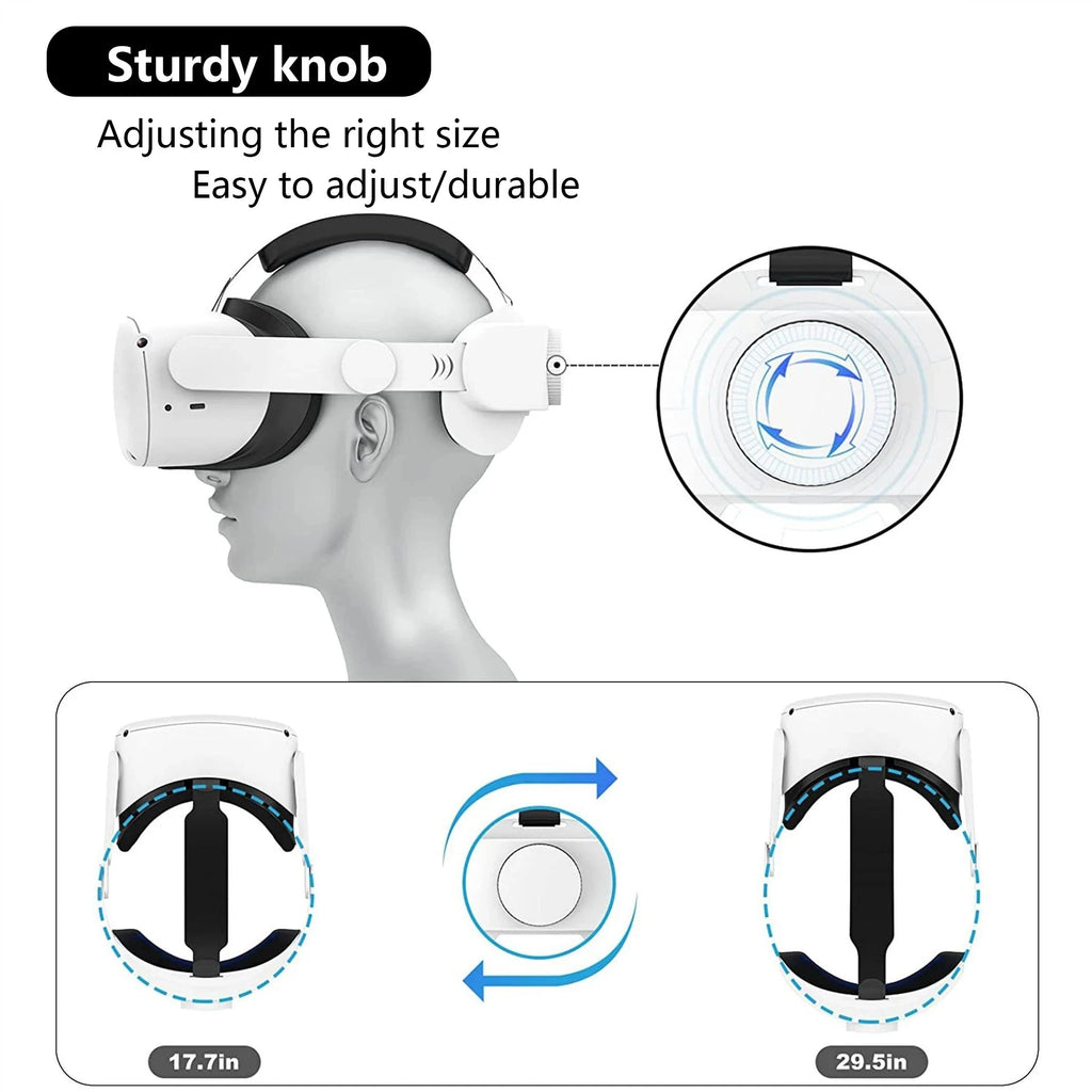 Adjustable Quest 2 head strap with sturdy knob for easy size customization and durable construction for long-lasting use.