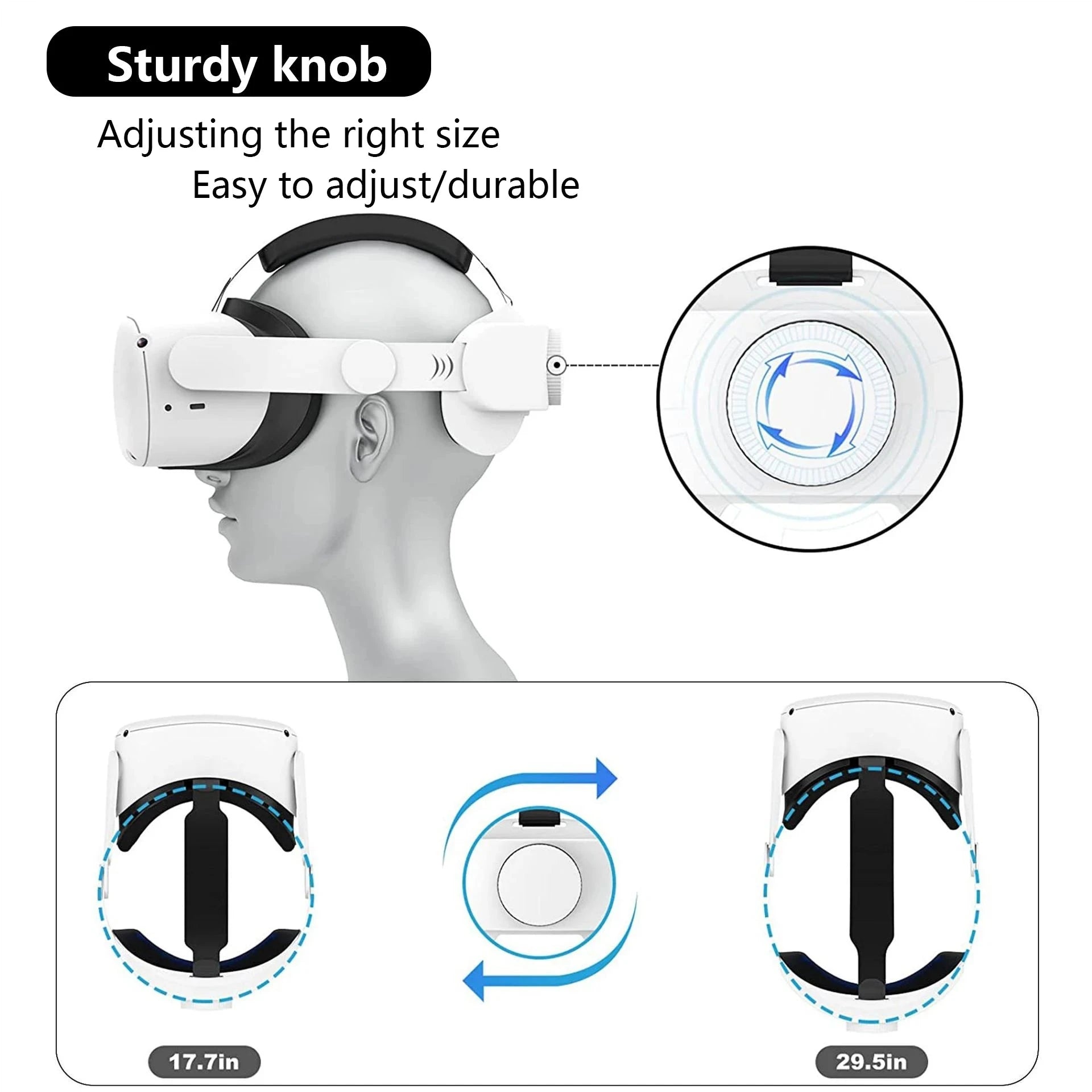 Adjustable Quest 2 head strap with sturdy knob for easy size customization and durable construction for long-lasting use.
