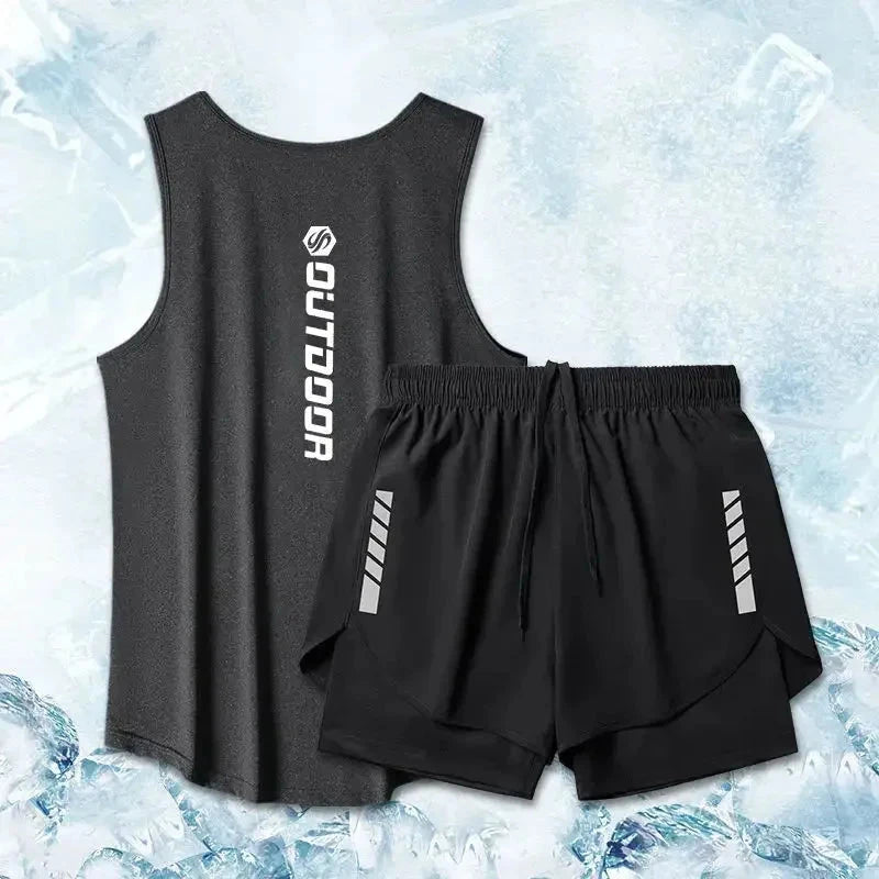 Black vest and black shorts from men's summer quick drying sport suit set, ideal for running and gym workouts with mesh ventilation.