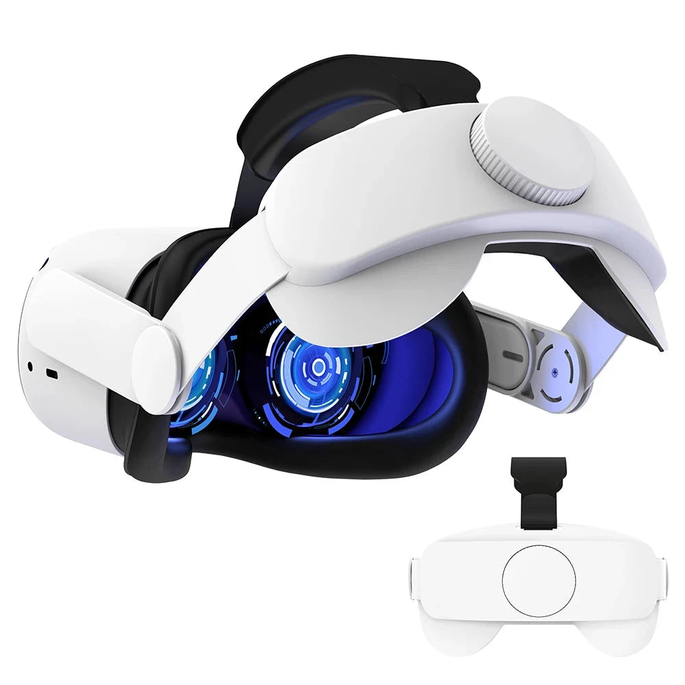Quest 2 head strap with adjustable top and side straps, featuring a comfort dial and breathable padding.