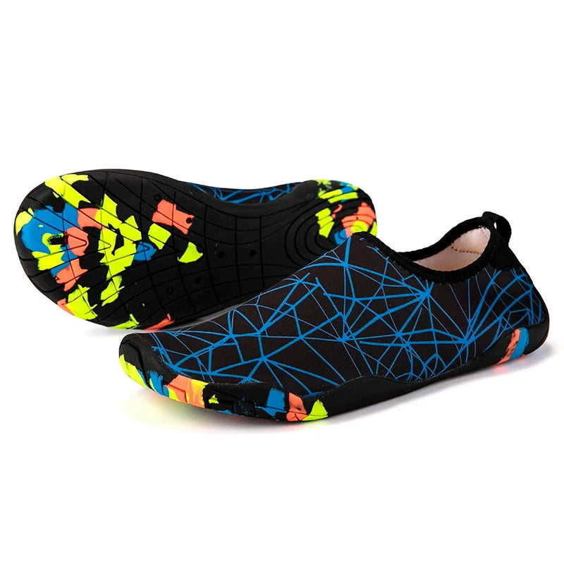 Unisex lightweight aqua shoes with colorful sole, perfect for beach, running, and gym activities, featuring quick-drying material.
