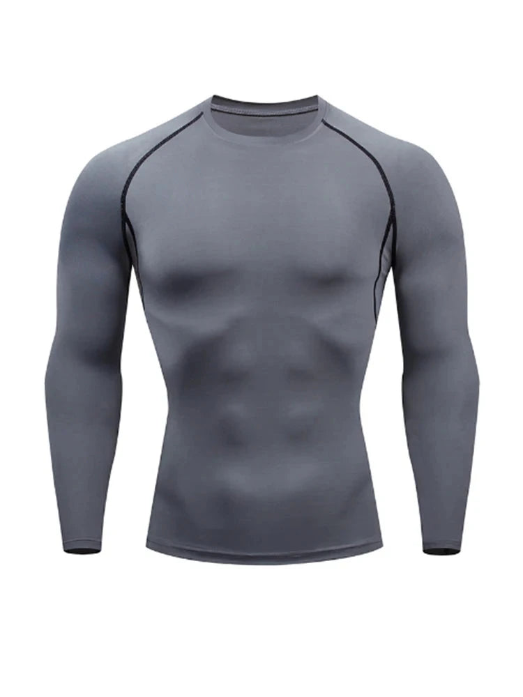 Gray long-sleeve top from Men's Sports Suit Running fitne male Quick drying Sportswear Compression Clothing Fitness Training kit Thermal Underwear.