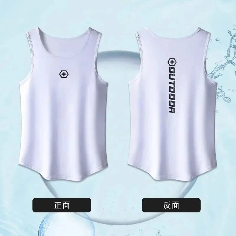 White vest front and back views from men's summer sport suit set, made with breathable quick drying fabric for outdoor workouts.