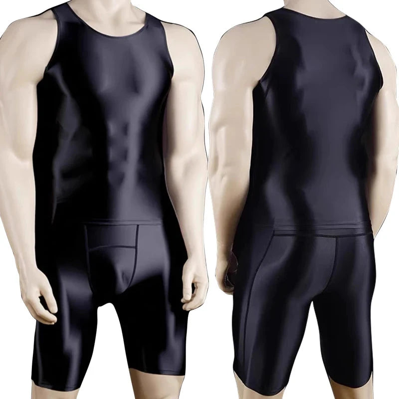 Men Thin Fitness vest Tights suit Slim Bottoms Satin Glossy Leggings Streetwear Athletic Shorts Quick-drying Compression Pants.