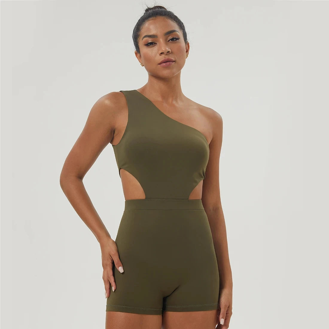 Olive green one-shoulder padded jumpsuit for women, ideal for yoga and gym wear with breathable and elastic material.
