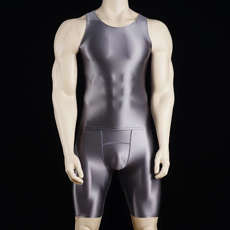 Men Thin Fitness vest Tights suit Slim Bottoms Satin Glossy Leggings Streetwear Athletic Shorts Quick-drying Compression Pants