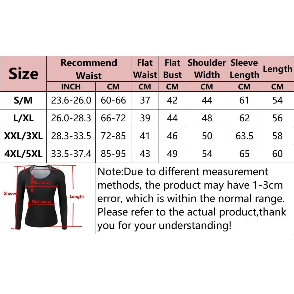 Size chart for women's sauna suit gym clothing, showing measurements in inches and centimeters for accurate fit selection.