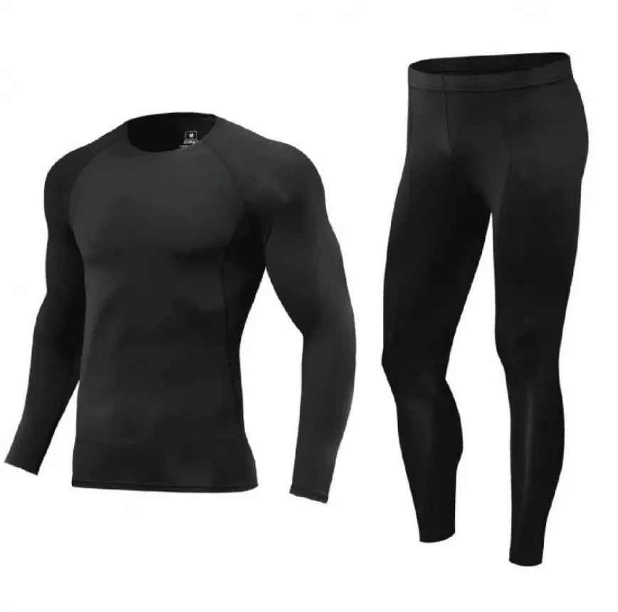 Plain black Men Bodybuilding Sportswear Clothes Fitness Suit with tight fit for muscle support during workouts and sports.