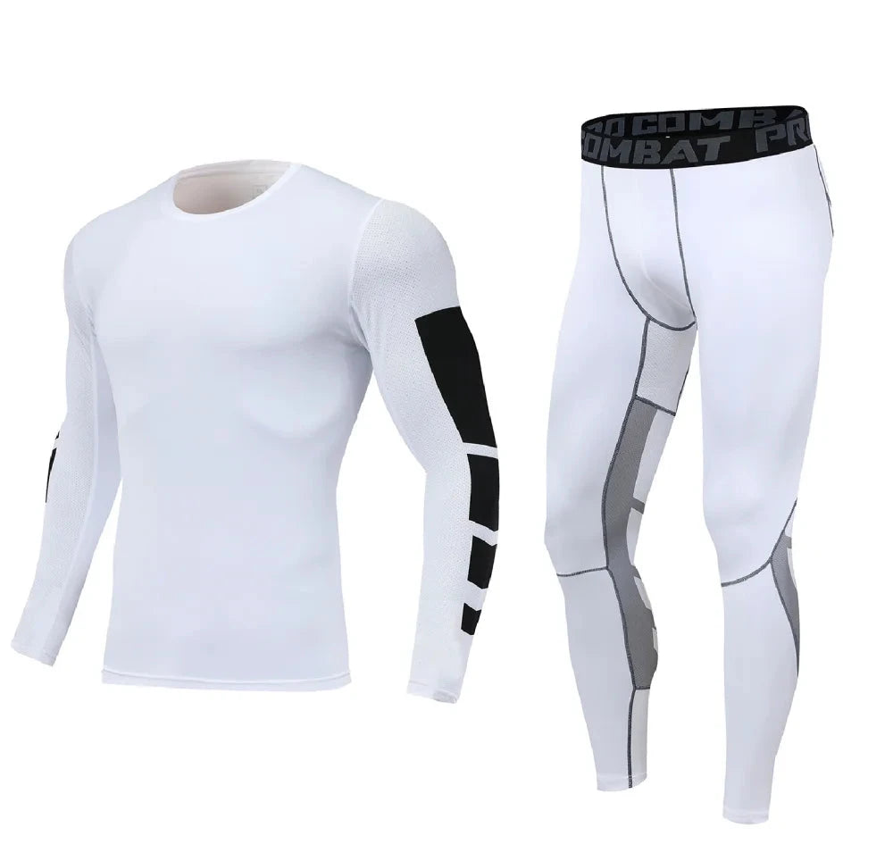 White Men Bodybuilding Sportswear Clothes Fitness Suit with black and grey panel design, ideal for compression and gym use.