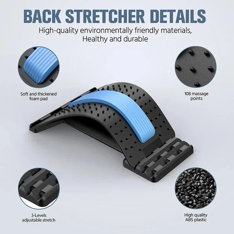 Close-up of Four Level Adjustable Massager with Back Stretcher Waist Neck Support showing 108 massage points and durable ABS material.