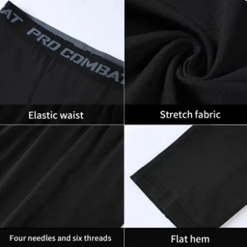 Close-up of fabric features including elastic waist, stretch fabric, and flat hem in Men's Sports Suit Running fitne male Quick drying Sportswear.