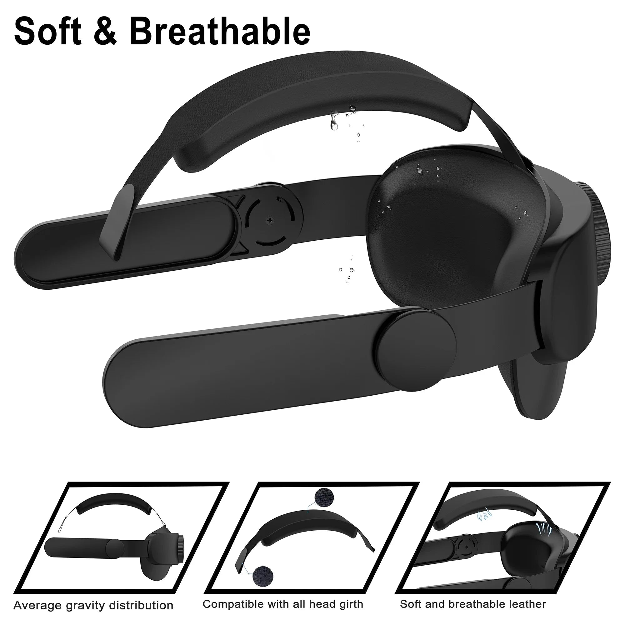 Black Quest 2 head strap with breathable leather padding and ergonomic design for balanced VR support.